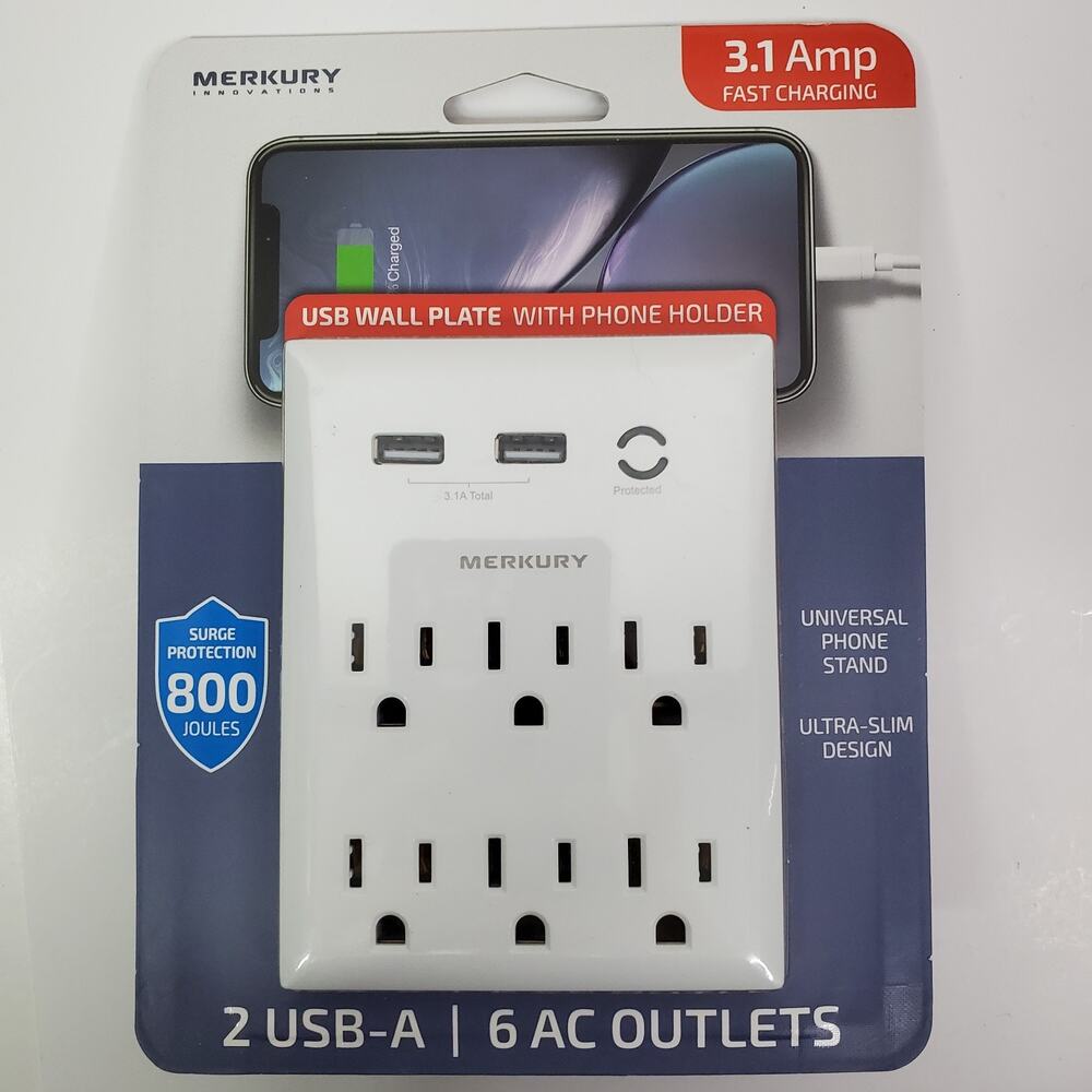 USB Wall Plate w/ Phone Holder - 2 USB + 6 Outlets - 3.1 Amp Fast Charging - NEW